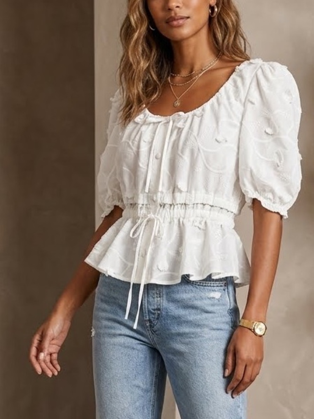 Joie White Embroidered Balloon Sleeve Buttons & Tie-Front Blouse Sz L Cottage